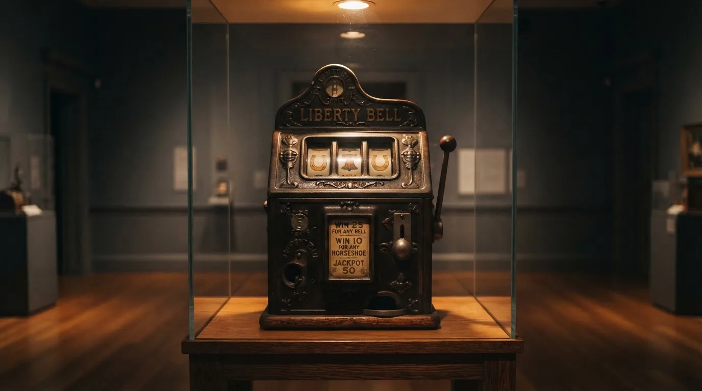 Stary trzybębnowy automat do gry ze złotymi symbolami podkowy i dzwonka, wystawiony w oszklonej gablocie muzealnej.